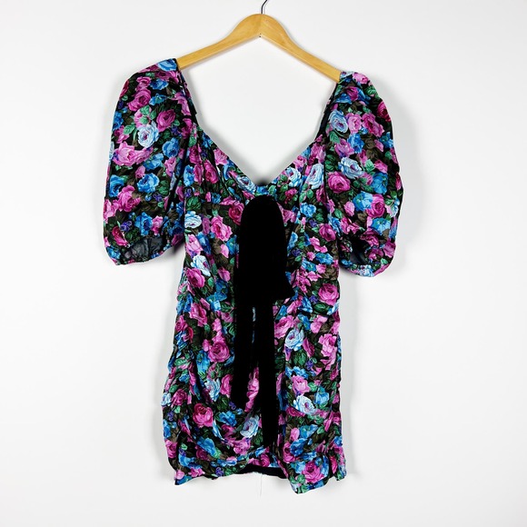 NWT For Love and Lemons Marley mini dress black floral puff sleeve Size Large - Picture 8 of 9